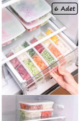 Large 6 Pieces Frozen Meat and Vegetable Storage Container with 4 Compartments - Cubed Minced Meat Organizer