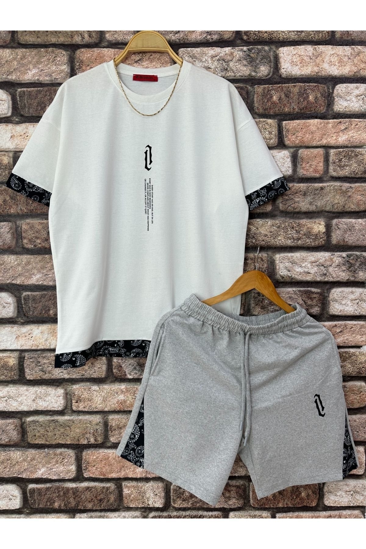 Men'S White Vertical Printed Oversize T-Shirt Shorts Set