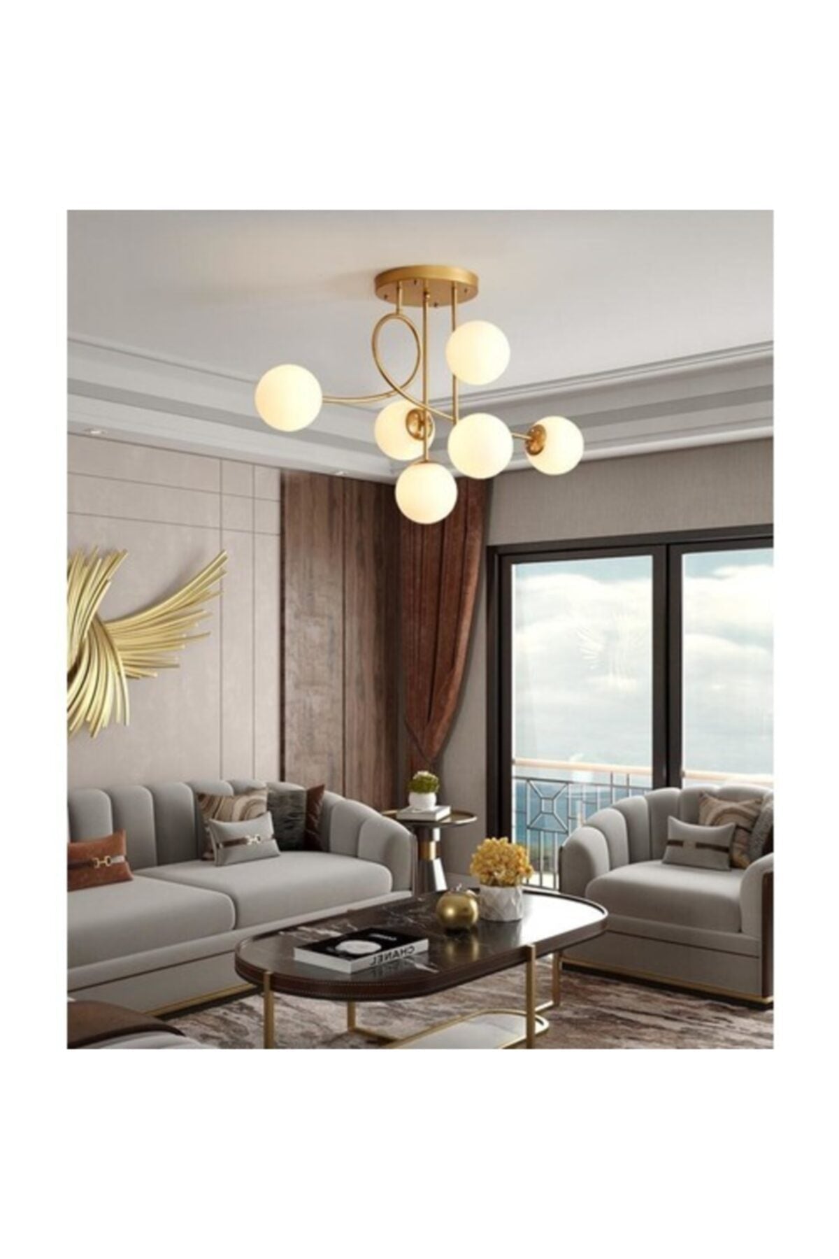 Pare Model Modern Sports Gold 6-Globe White Glass Chandelier