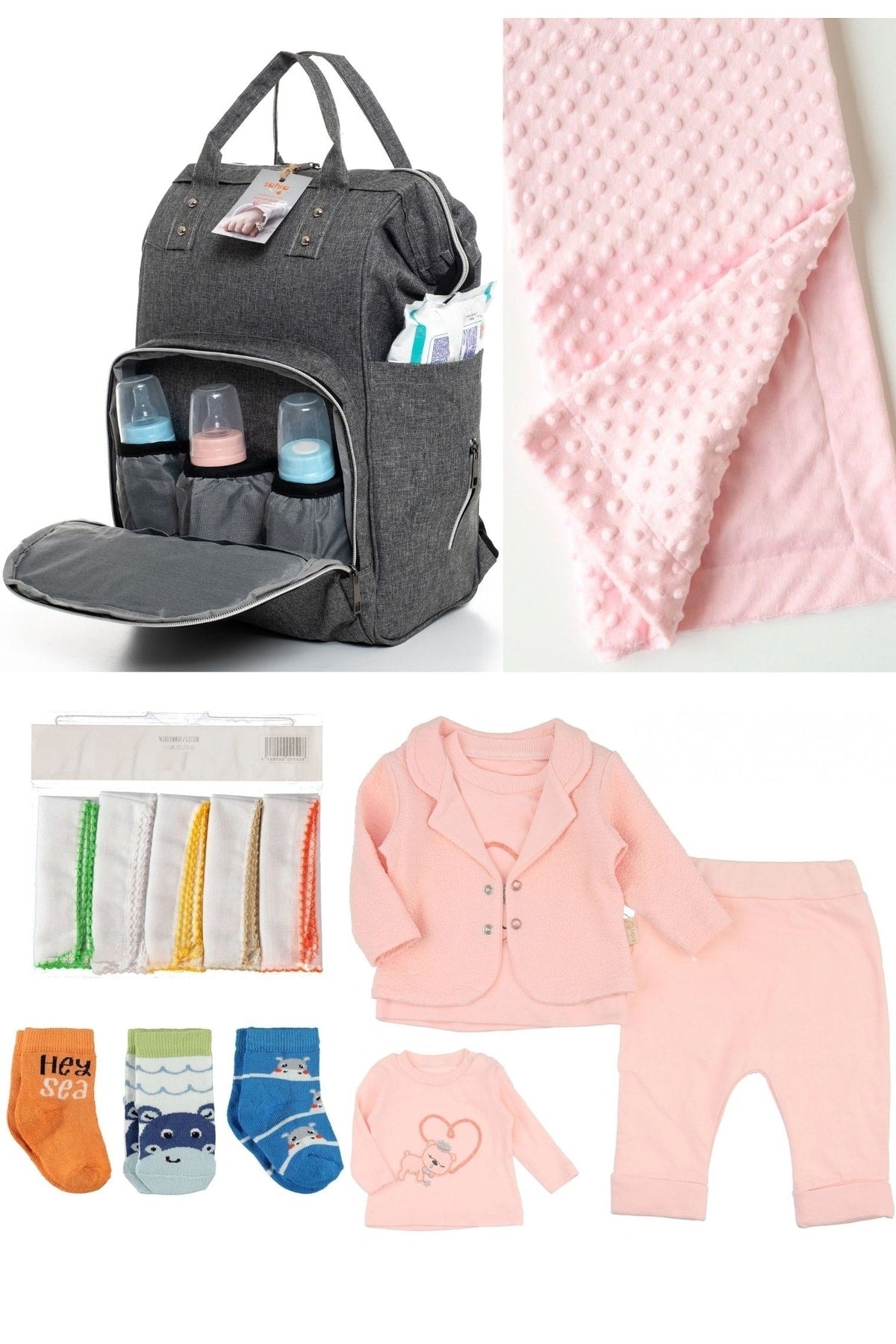 5-teiliges Schwangerschaftsset (Babypflegerucksack, Krankenhausausgang, Kichererbsendecke, 10 Feuchttücher und 3 Socken)