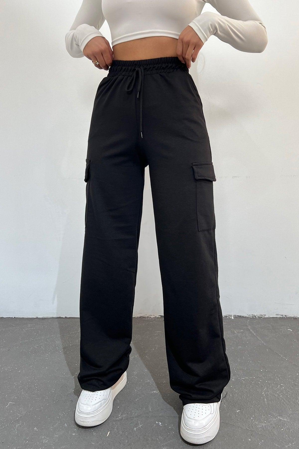 Women's Black - Regular Fit Cargo Pocket Wide Leg Sweatpants - Swordslife