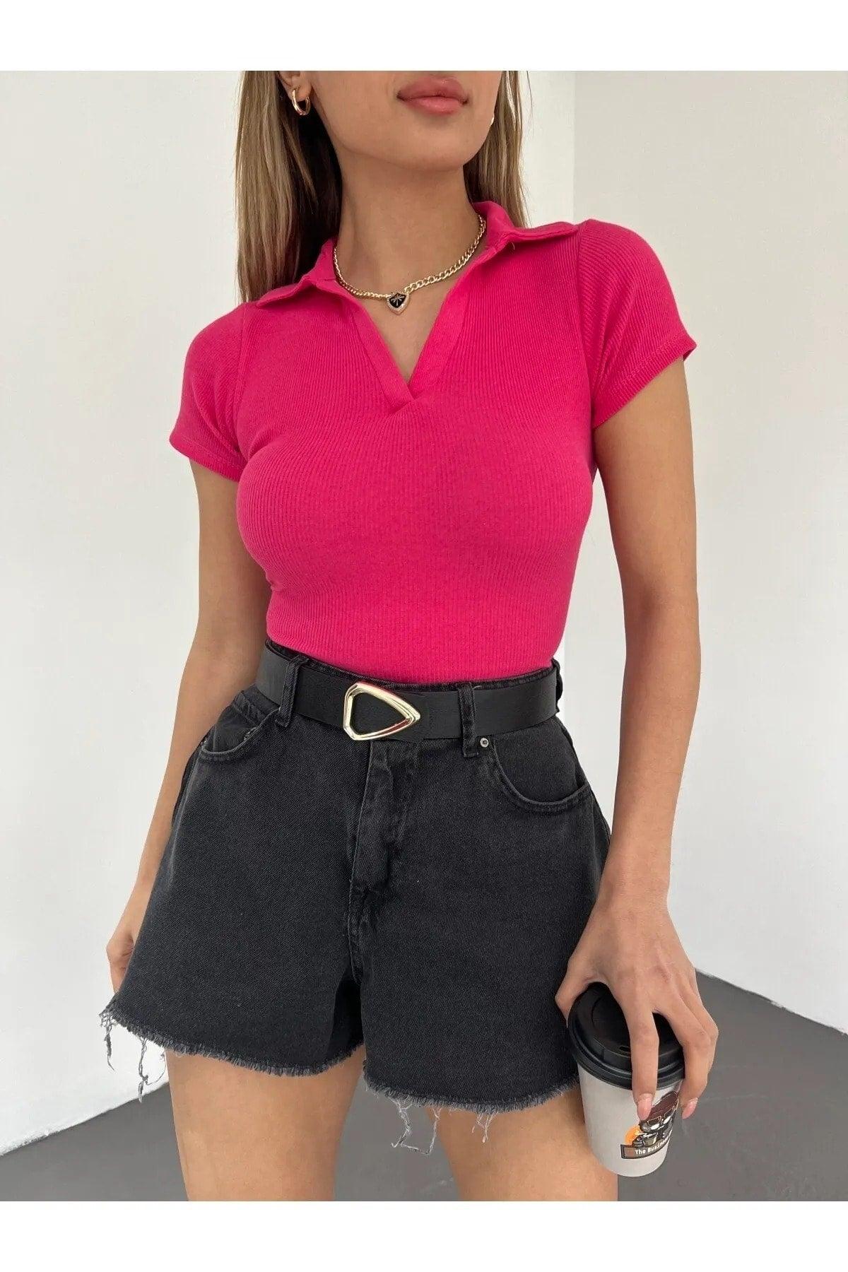 Fitted/Fitted Candy Pink Polo Neck Short Sleeve Camisole Crop Blouse - Swordslife