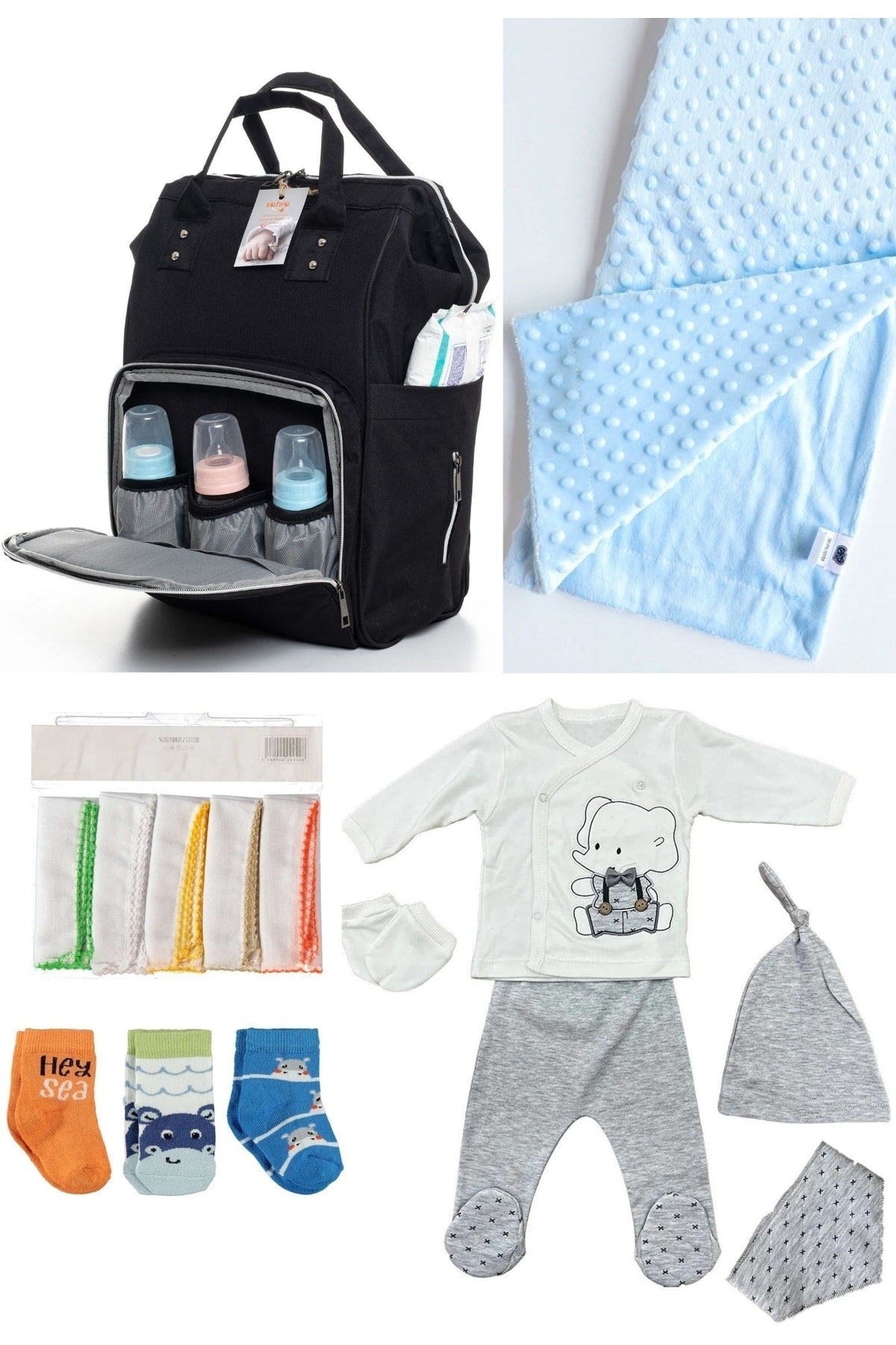 5-teiliges Schwangerschaftsset (Babypflegerucksack, Krankenhausausgang, Kichererbsendecke, 10 Feuchttücher und 3 Socken)