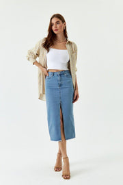Slit Detailed Midi Length Blue Denim Skirt - Swordslife