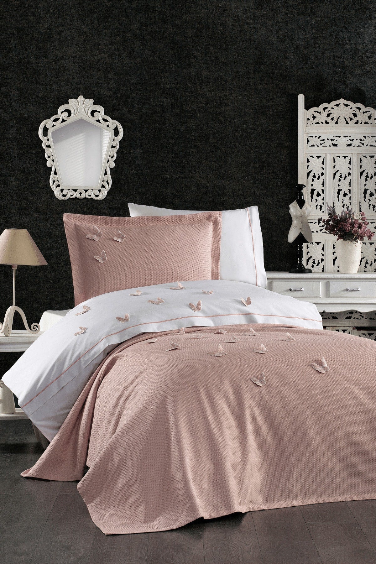 5 Pieces Elastic Bed Sheet, 3D Butterfly Pattern Children'S Room Cotton Single Pink Duvet Cover Set