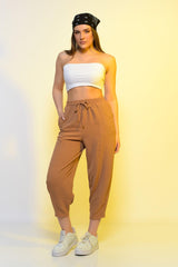 New Season Summer Elastic Waist Slim Pants High Waist Women Light Brown Casual Trousers - Swordslife