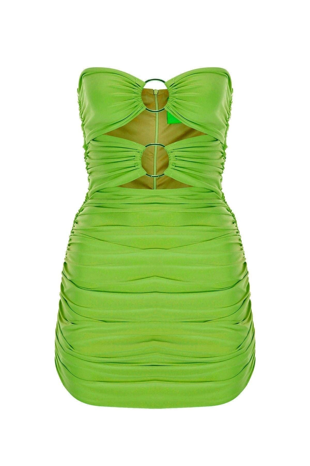 Green Bust Two-Ring Ruffle Strapless Draped Mini Evening Dress - Swordslife