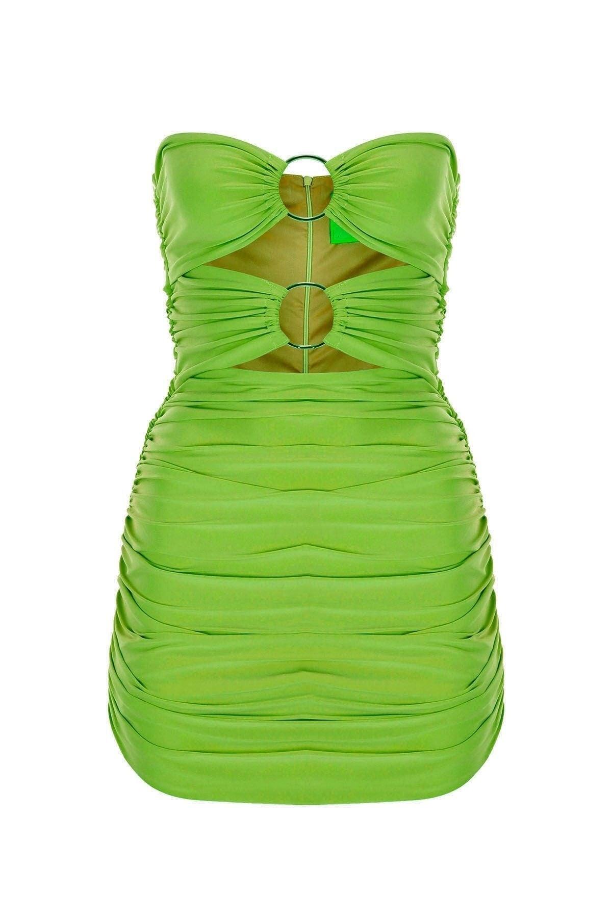 Green Bust Two-Ring Ruffle Strapless Draped Mini Evening Dress - Swordslife