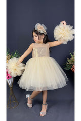 Chiffon Robe Pompom Sleeve Sequined Girls Fluffy Skirt Tulle Evening Dress Ecru