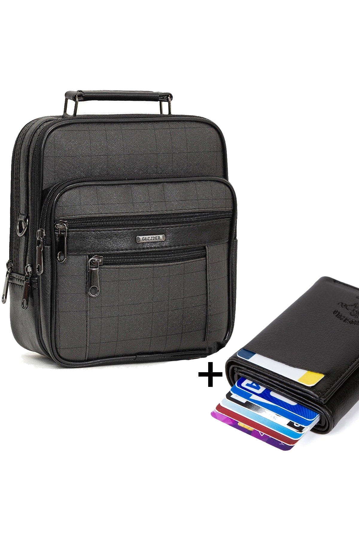 Adelina Men'S Black Leather Plaid Steel Case Handbag And Card Holder Wallet With Mechanism