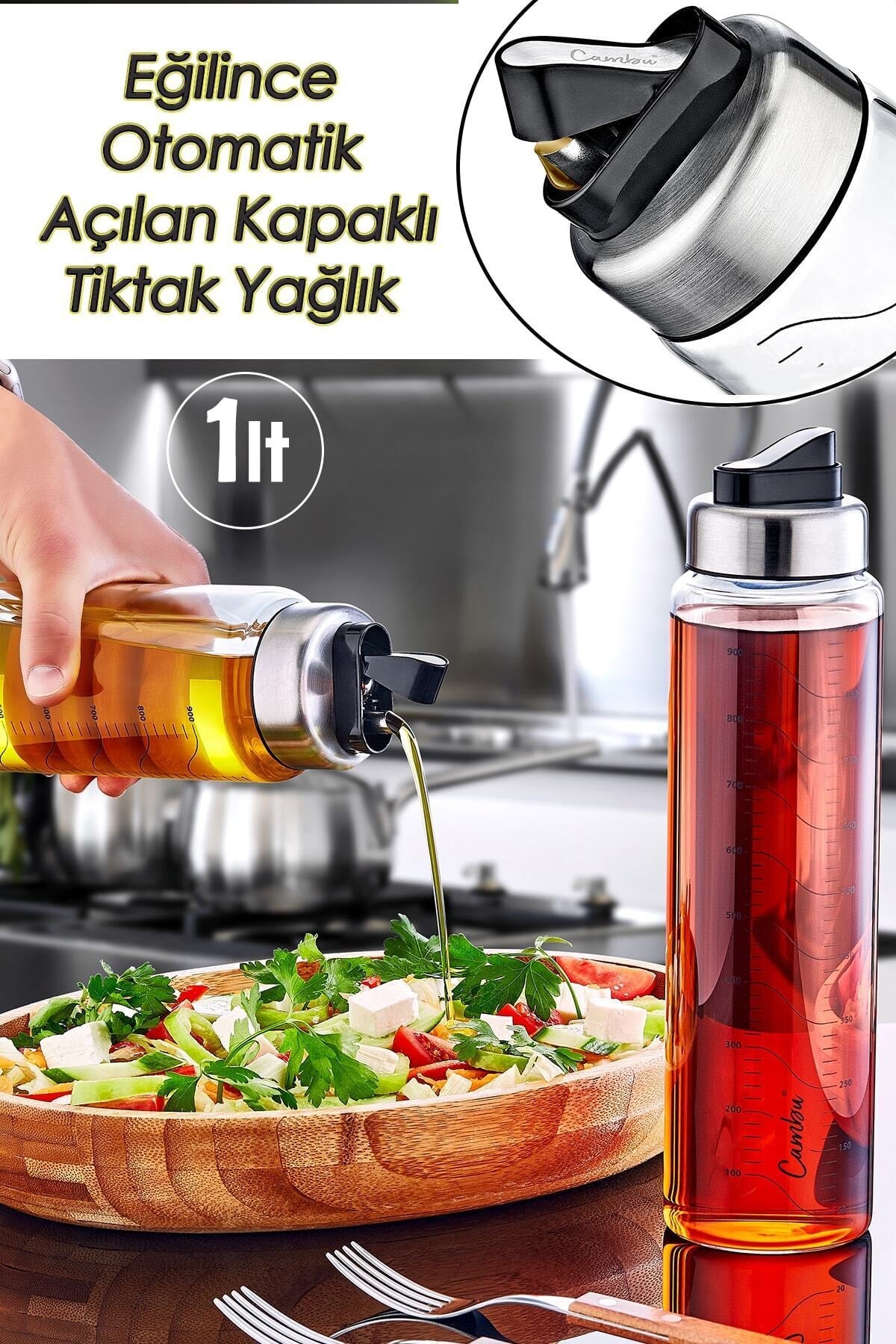 Drip-Free Tick-Tock Glass Oil Bowl With Lid 1000 Ml (Oil Bowl With Automatic Opening Lid) Tick-Tock Non-Drip