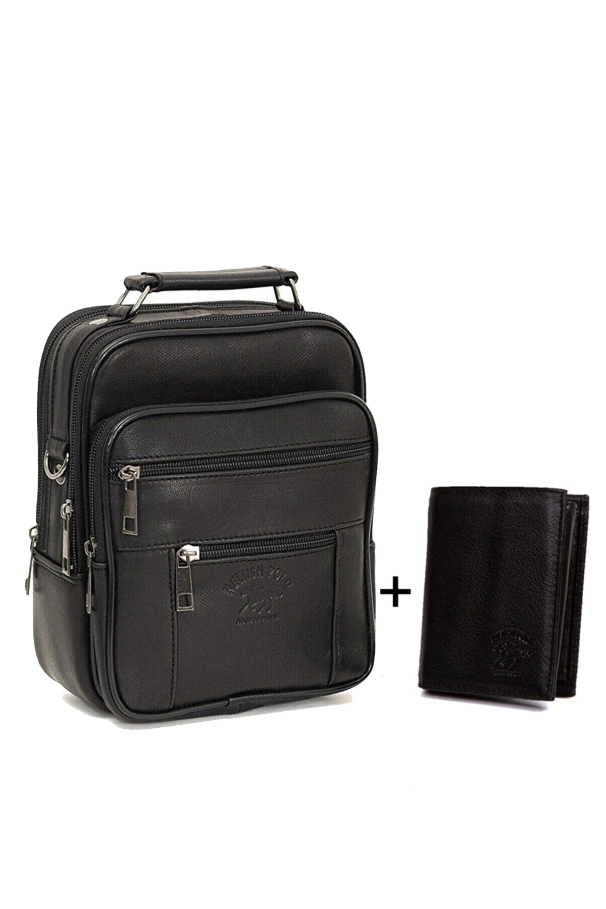 Herren-Hand- und Schultertasche aus schwarzem Echtleder mit Stahlgehäuse und Geldbörse aus echtem Leder, 100 % Echtleder