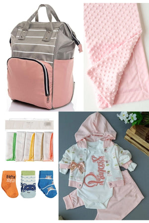 5-teiliges Schwangerschaftsset (Babypflegerucksack, Krankenhausausgang, Kichererbsendecke, 10 Feuchttücher und 3 Socken)