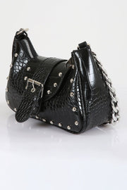 Crocodile Patterned Black Handbag With Bony Staples