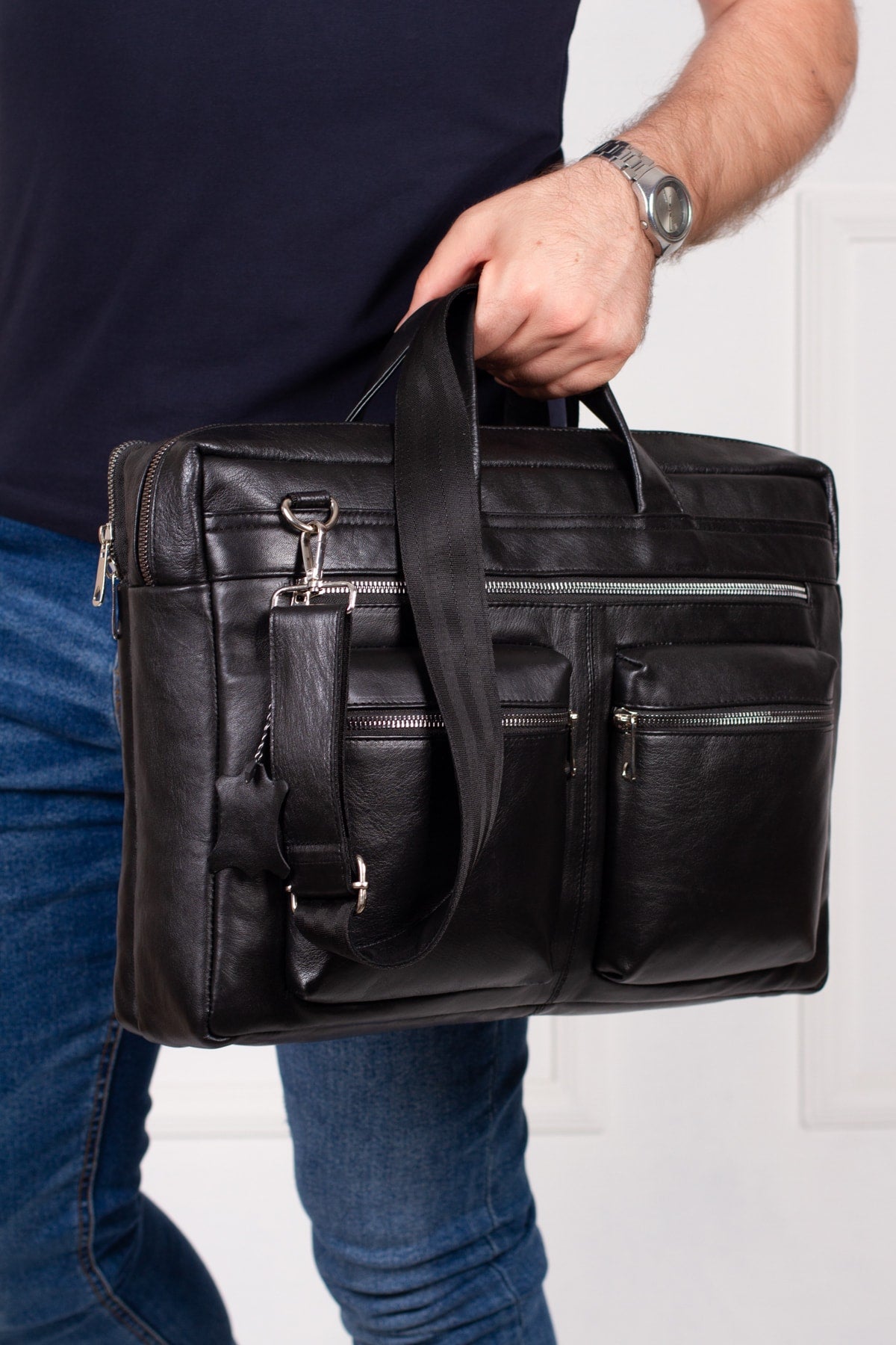 1st Class Genuine Leather Large Size Briefcase Laptop Bag Black (WIDTH: 38CM L:26CM)