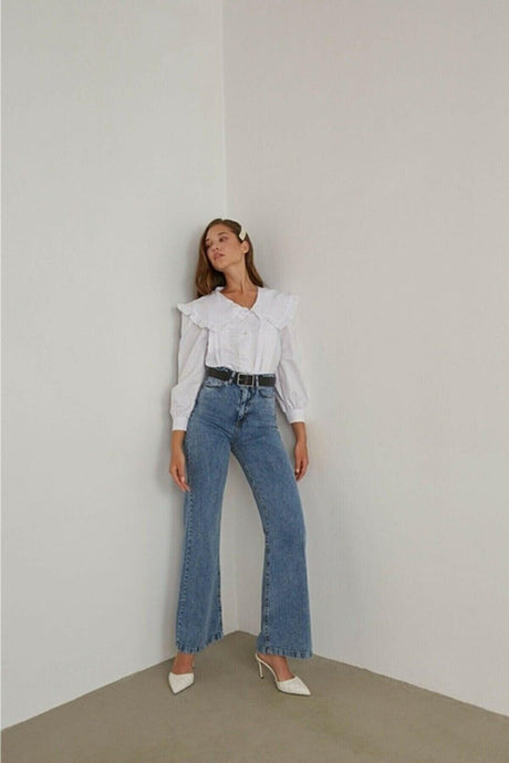 Clara Medium Snow Lycra Women's Blue Super High Waist Wide Leg Denim Jeans Palazzo Pants - Swordslife