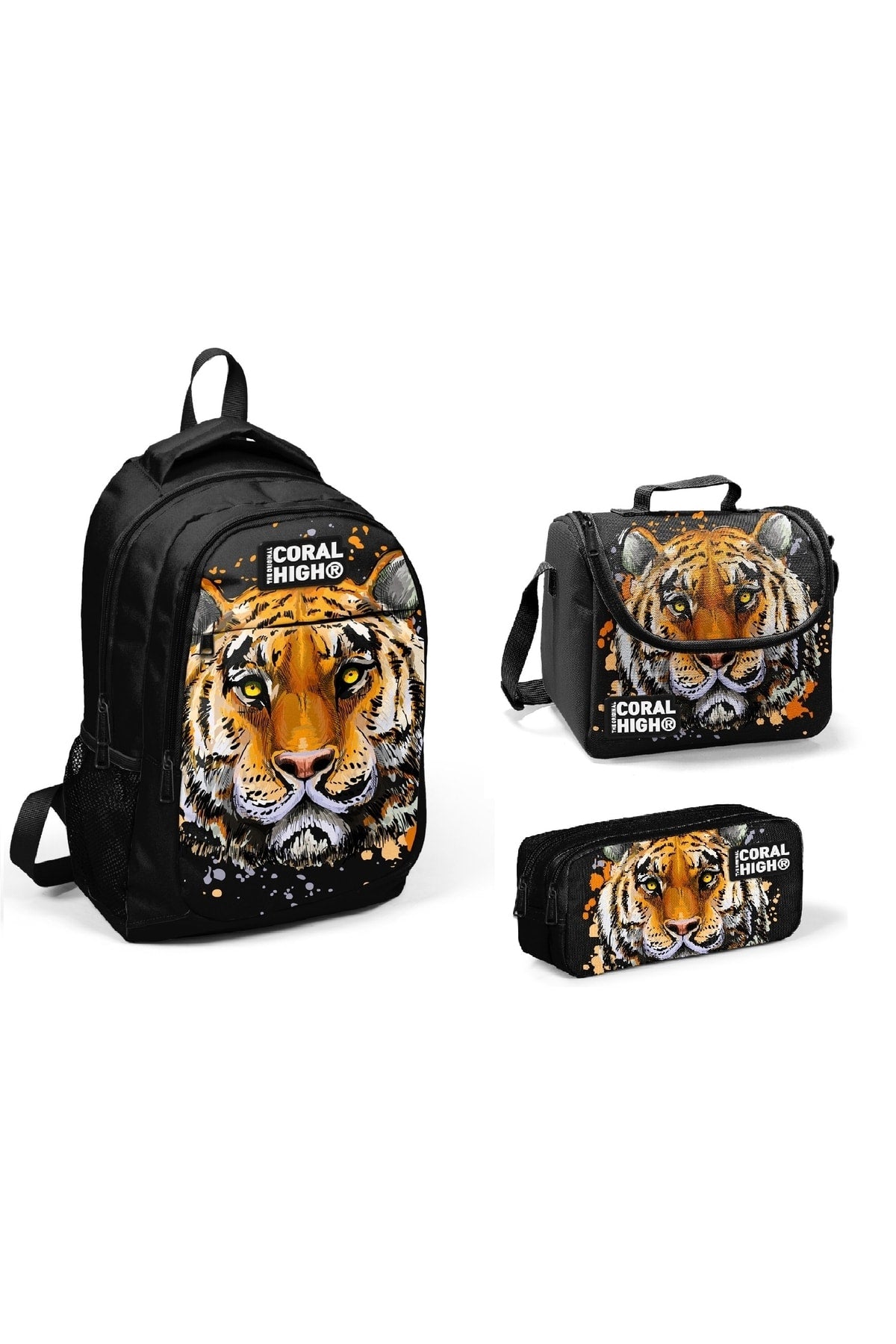 Kids Black Tiger Patterned Three Compartment 3-Pack Bag Set