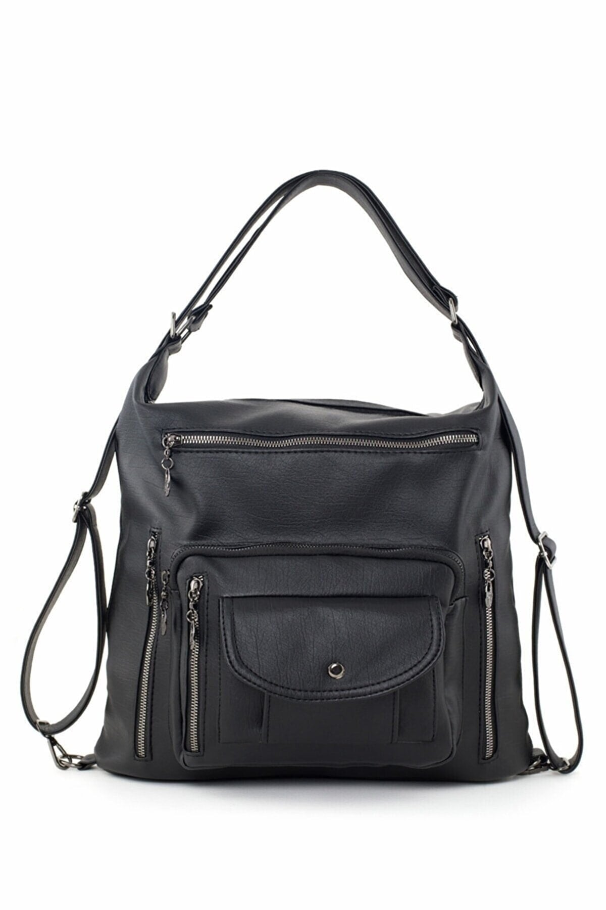 Schwarze Ledertasche für Damen mit Rücken- und Handwäsche – sowohl Rücken- als auch Schultertasche