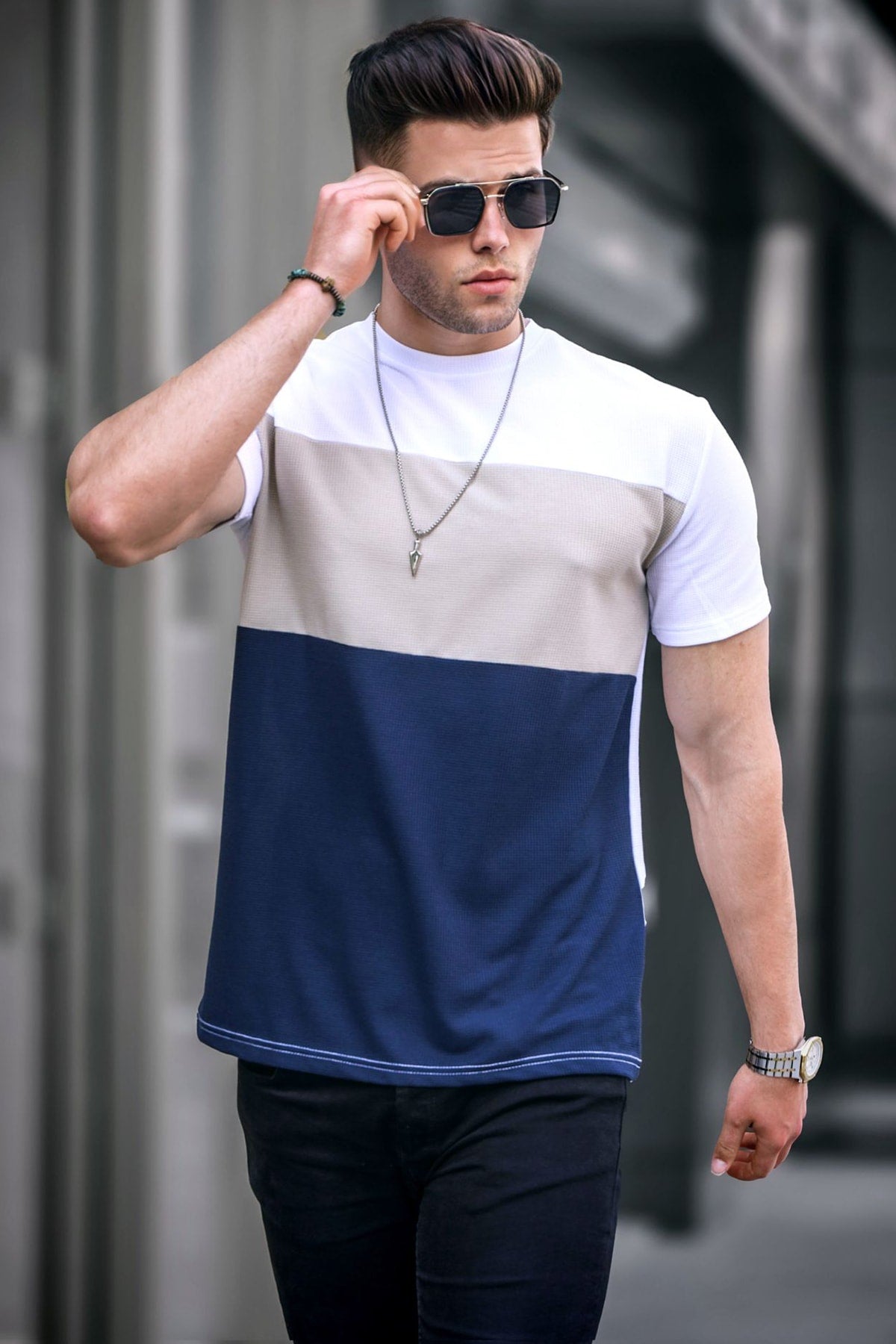 Men'S Color Block White T-Shirt 5826