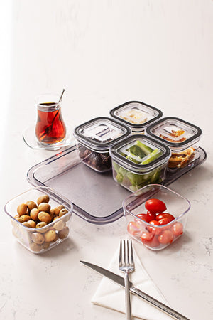 Azza Mini 13 Piece 6 Compartment Storage Snack Breakfast Set With Vacuum Lid Black