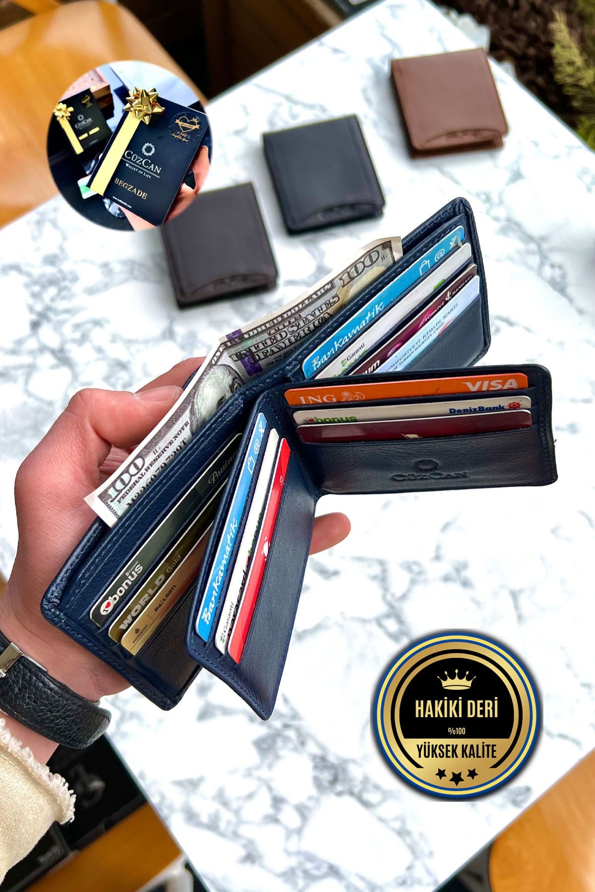 Navy Blue Butterfly Model Genuine Leather Men'S Custom Printed Wallet