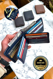 Navy Blue Butterfly Model Genuine Leather Men'S Custom Printed Wallet