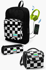 Kids Black Checker Patterned Usb 3-Piece School Bag Set Set0123814