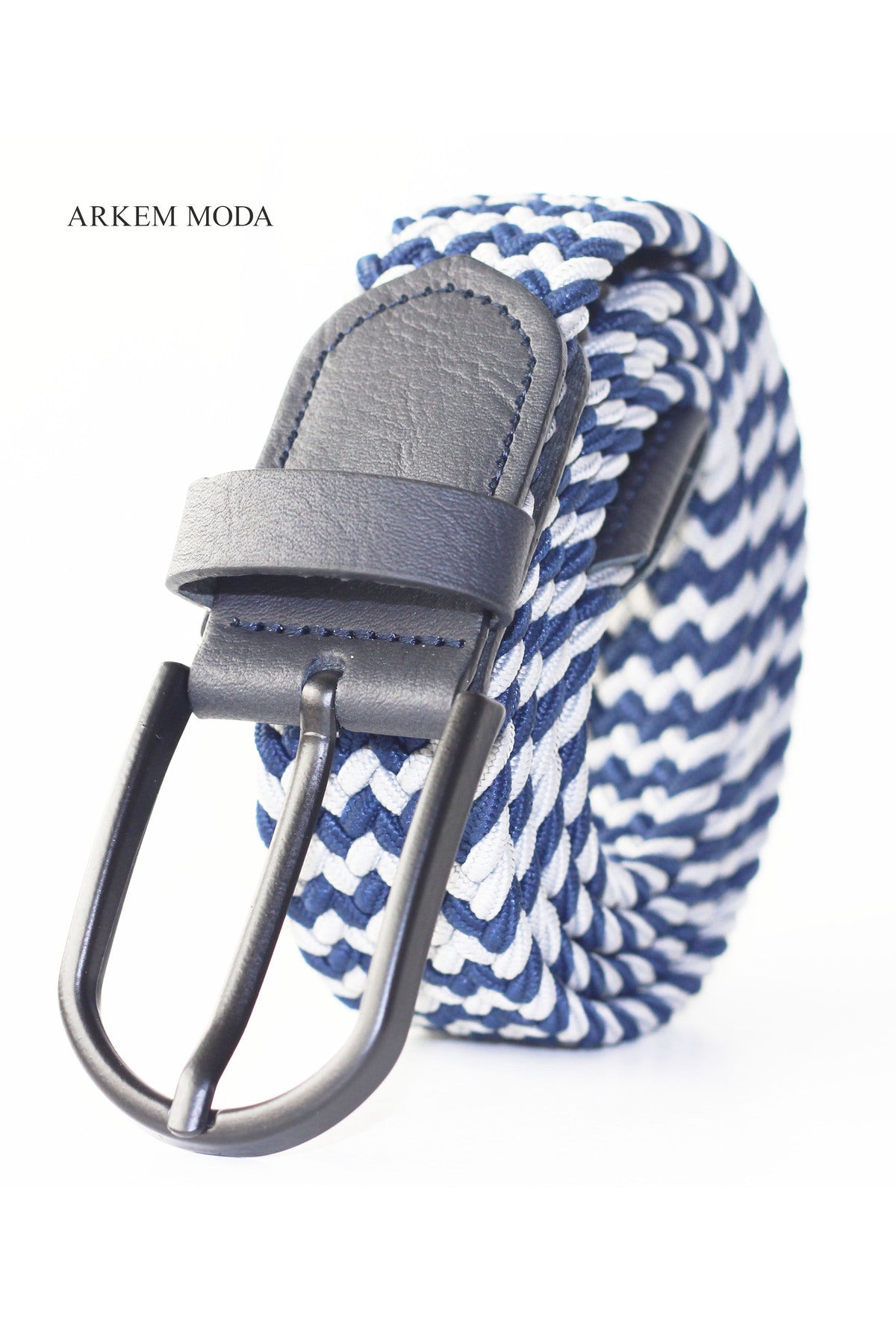 Geflochtener elastischer Gürtel Marineblau-Grau Denim, Jean, Sort Herrengürtel 3,5 Cm