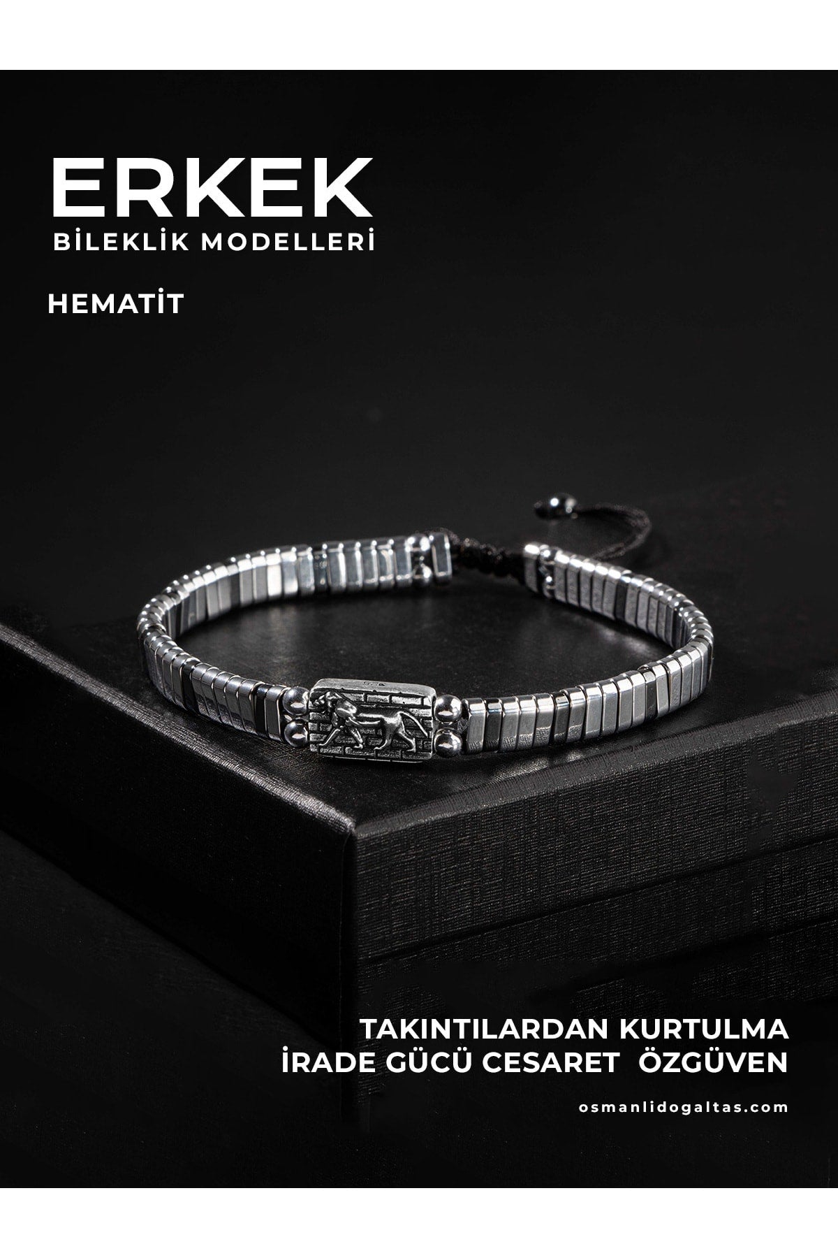 CERTIFIED HEMATITE NATURAL STONE KNITTED 925 SILVER DESIGN BRACELET (LION SYMBOL)