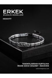 Gestricktes Armband aus zertifiziertem Hämatit-Naturstein, 925er Silber (Löwensymbol)