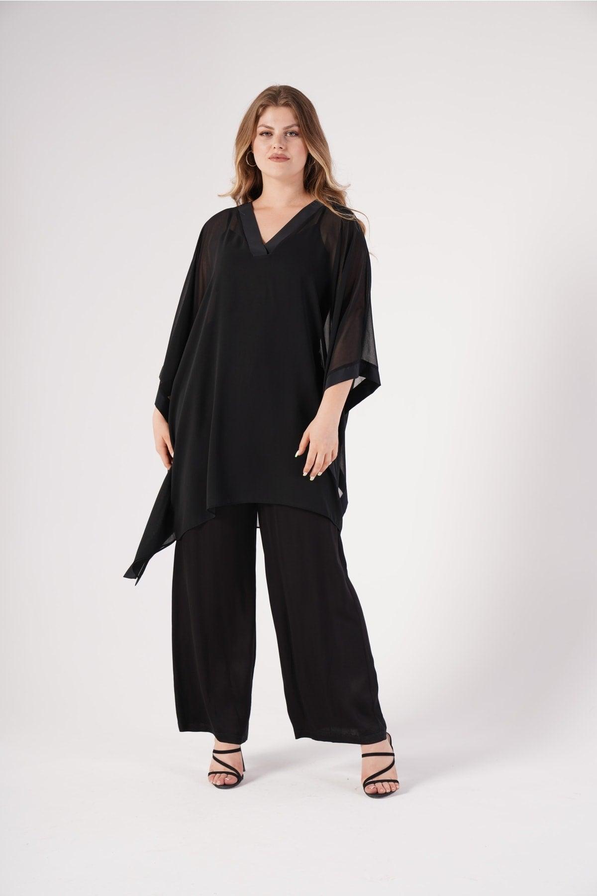 Large Size Women's V-Neck Black Chiffon Cape Coat - Swordslife