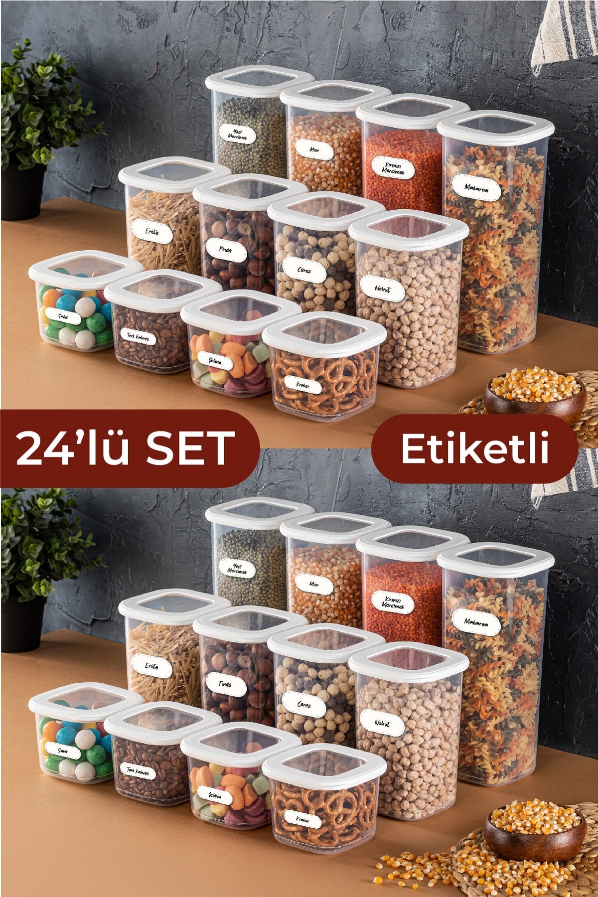 Square Food Storage Container With Foly Label Set Of 24 8X(0.55 Liter, 1.2 Liter, 1.75 Liter) White