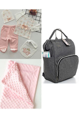 Functional Mother Baby Care Backpack, 100% Cotton Hospital Outlet And Chickpea Blanket Set