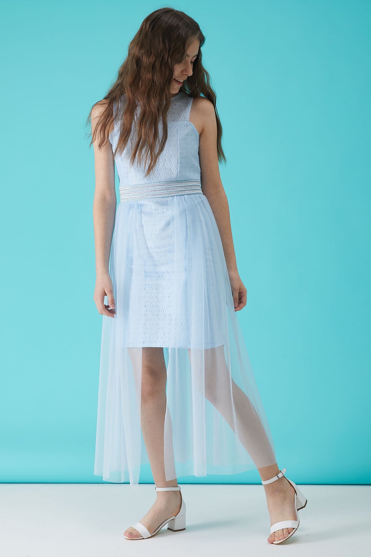 Girl'S Blue Stone Detailed Tulle Evening Dress 15156
