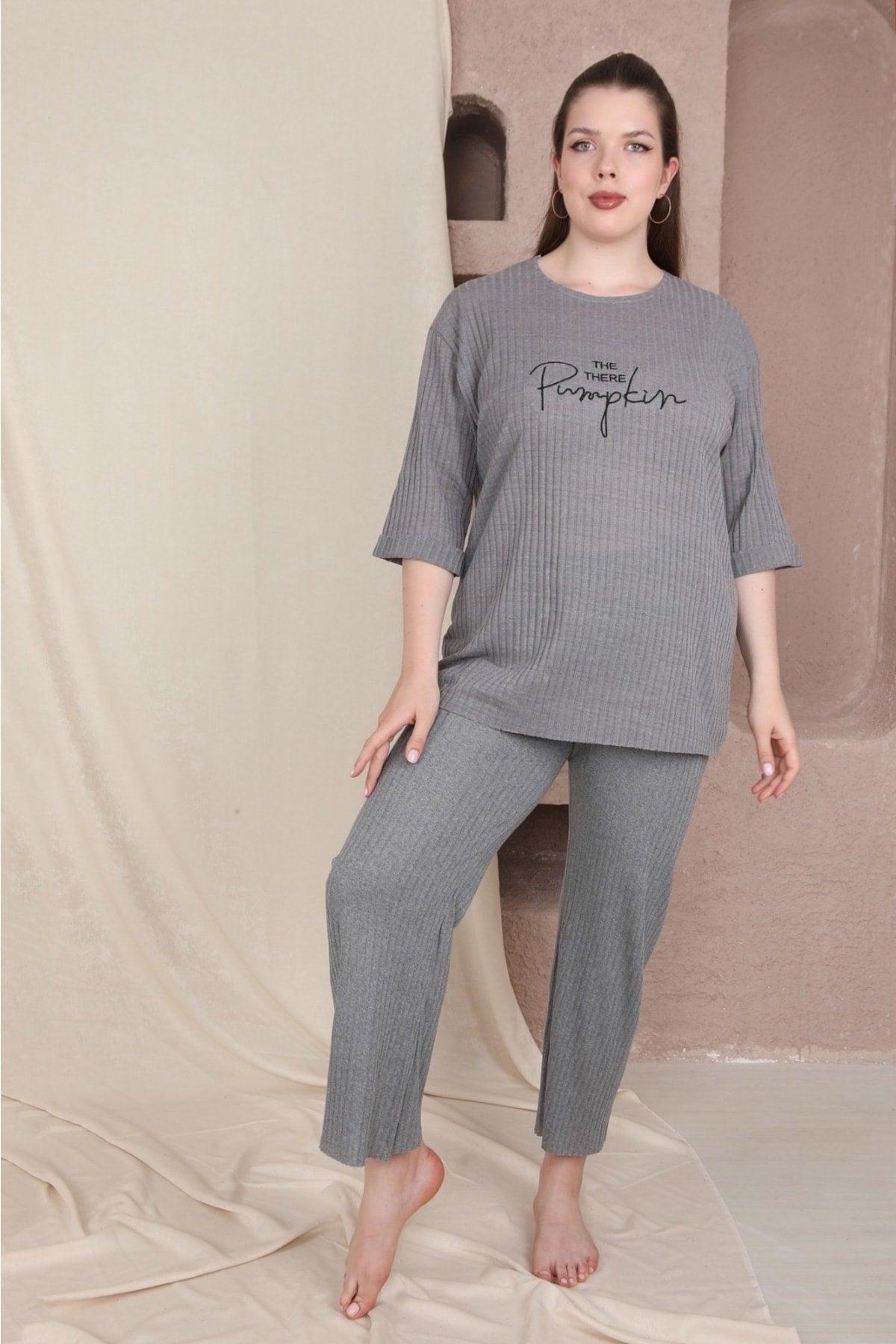 Striped Gray Plus Size Pajamas Set - Swordslife