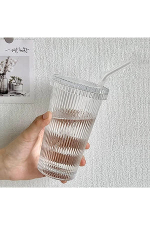1 einzelnes Pinterest-Modell Origami gestreifter Glasbecher mit Glimmerdeckel und Strohhalm