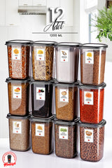 12 Liters Large Square Storage Container Set with Label 1.2lt Anthracite Food Jar Set