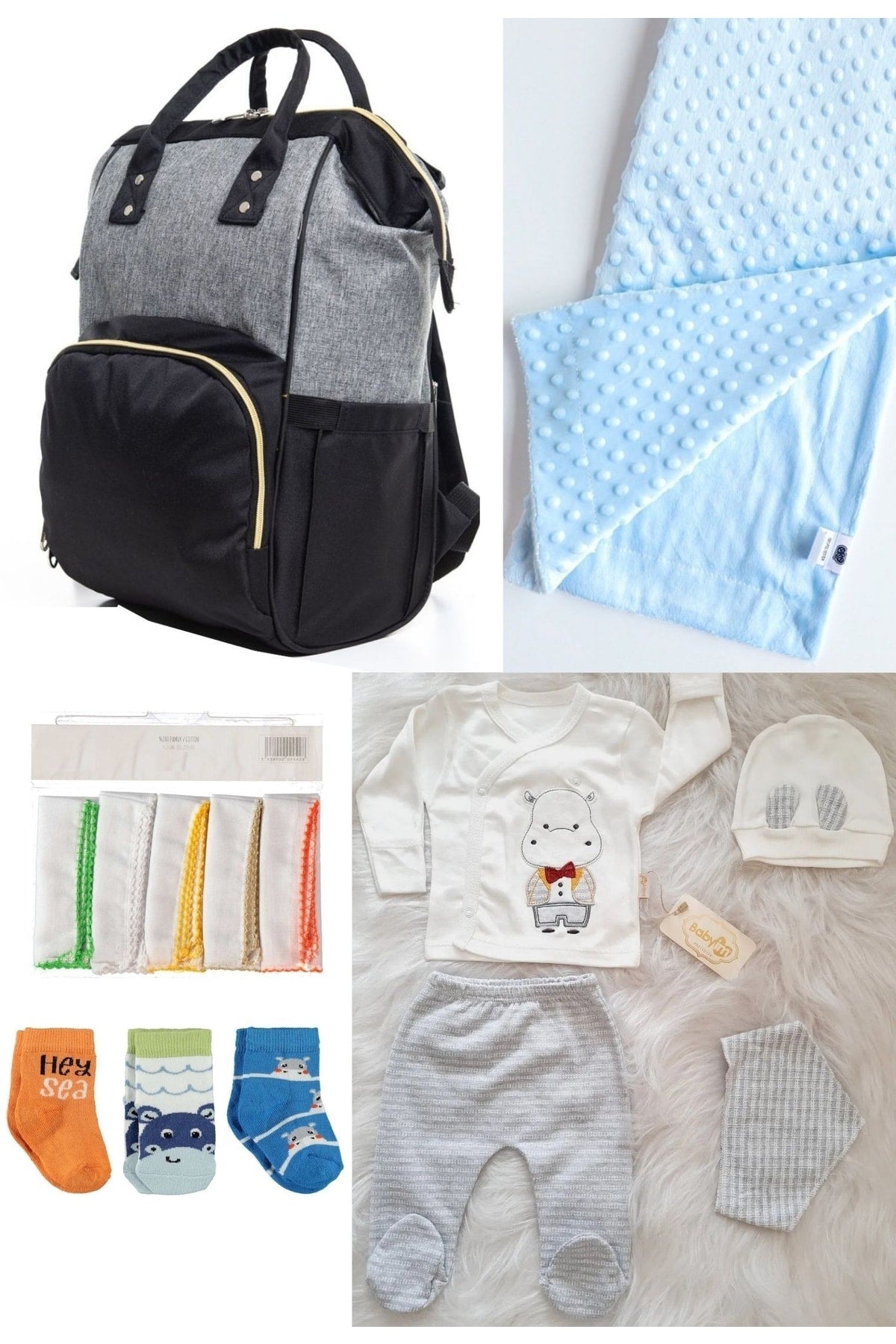 5-teiliges Schwangerschaftsset (Babypflegerucksack, Krankenhausausgang, Kichererbsendecke, 10 Feuchttücher und 3 Socken)
