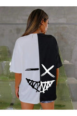 Unisex Black-white 2 Different Color Print Detailed Oversize T-shirt - Swordslife