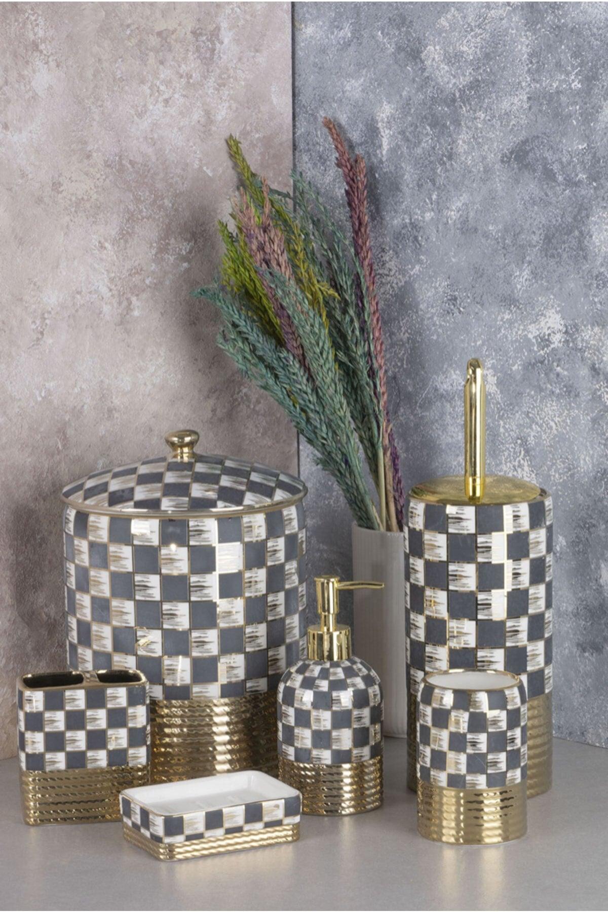 Checker Pattern Gold Gold Gilded Porcelain Bathroom Set - Swordslife