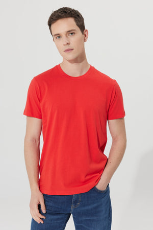 Men'S Red 100% Cotton Slim Fit Slim Fit Crew Neck Short Sleeved T-Shirt