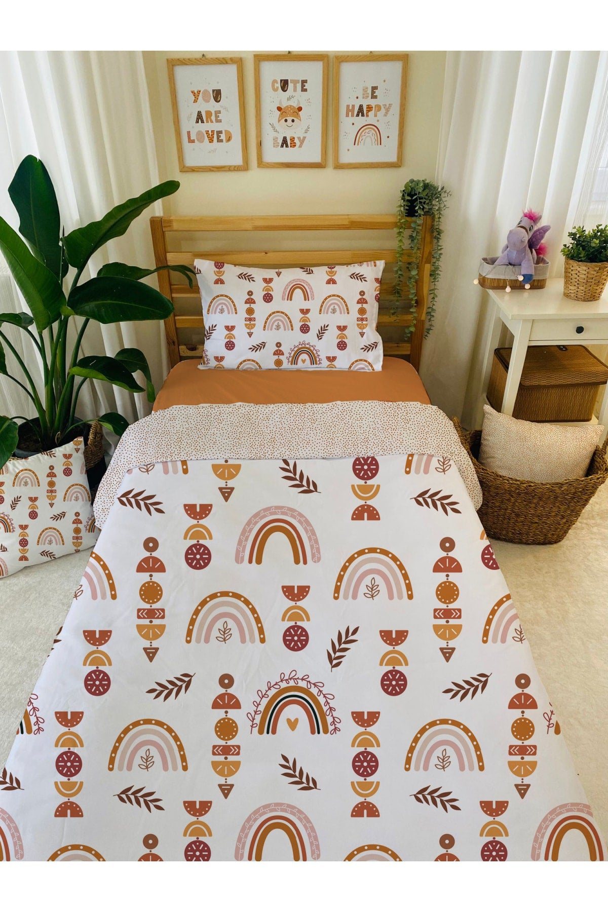 Double-Sided Rainbow Pattern Printed Kids And Single Duvet Cover Set, Including Elastic Bed Sheet
