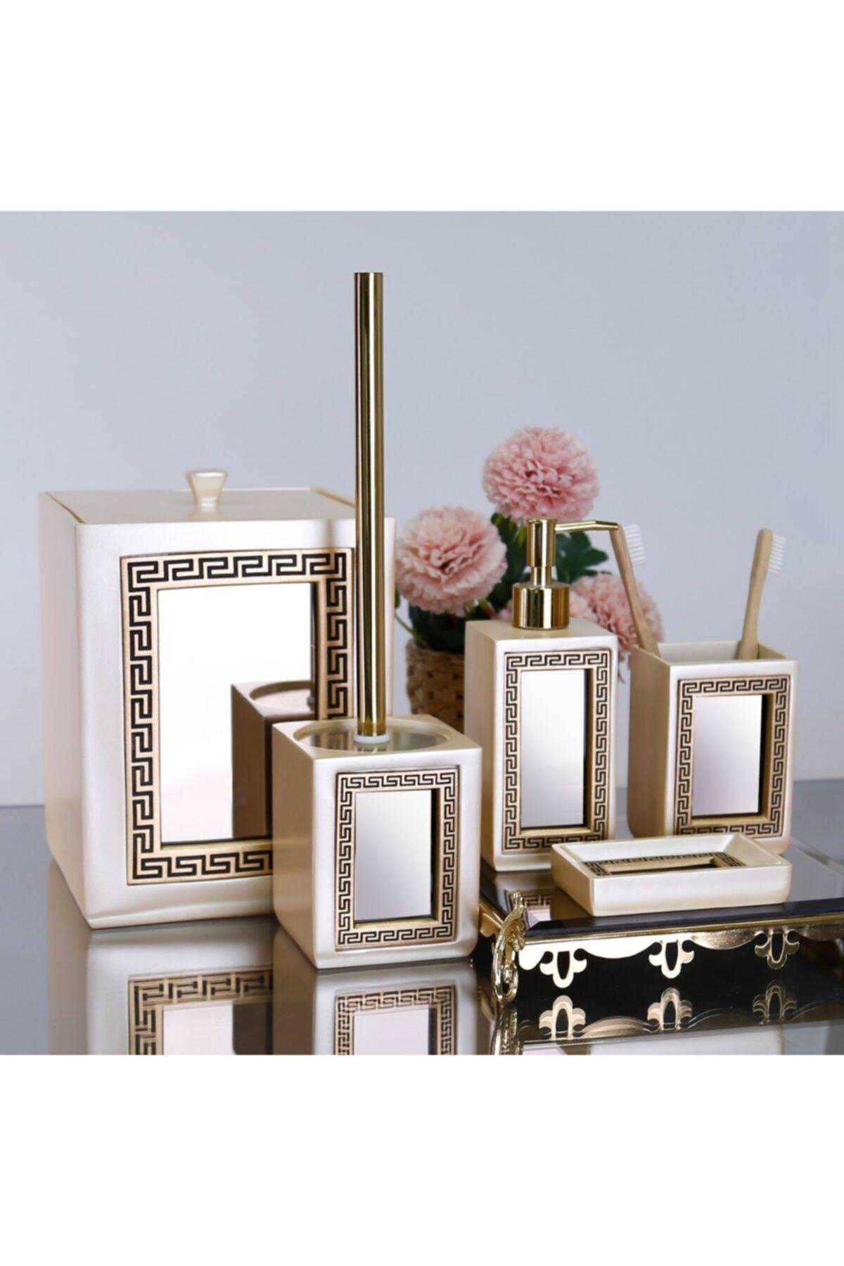 Veroni Pearl-gold Mirrored 5-Piece Polyester Bathroom Set - Swordslife