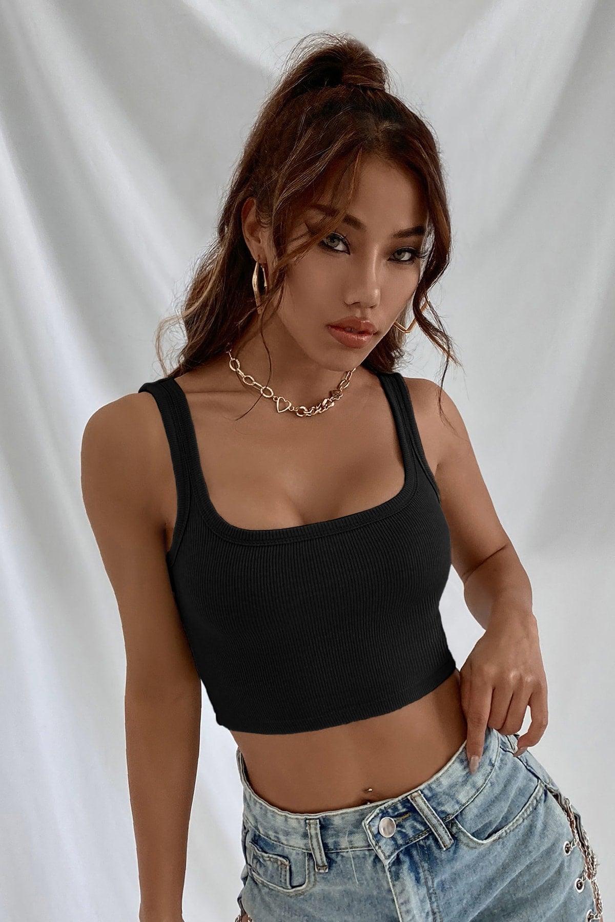 Women's Black Strap Crop Top Blouse - Swordslife