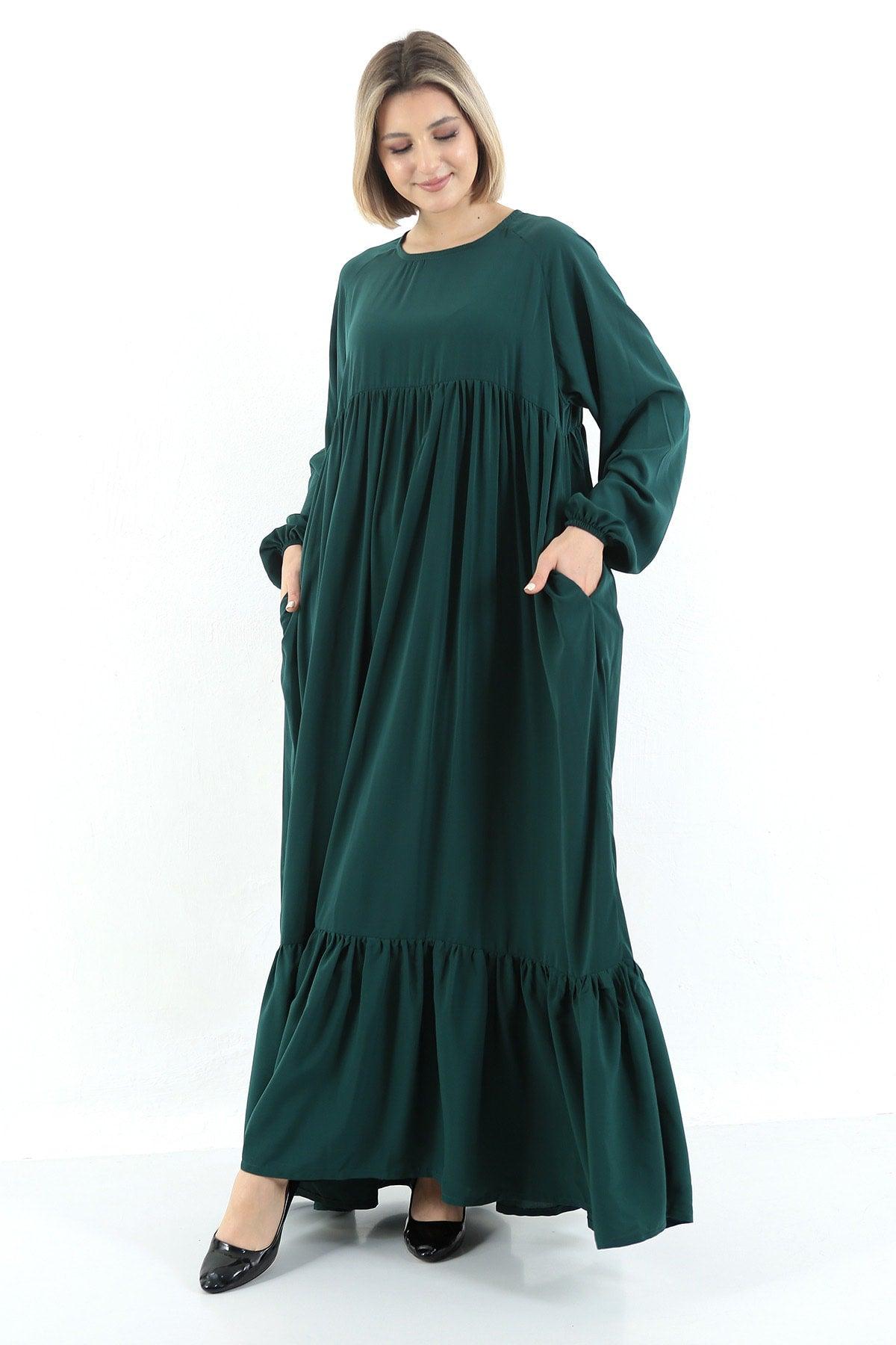 Emerald Green Crew Neck Relaxed Fit Elastic Sleeve Side Pockets Pleated Robe Dress - Swordslife