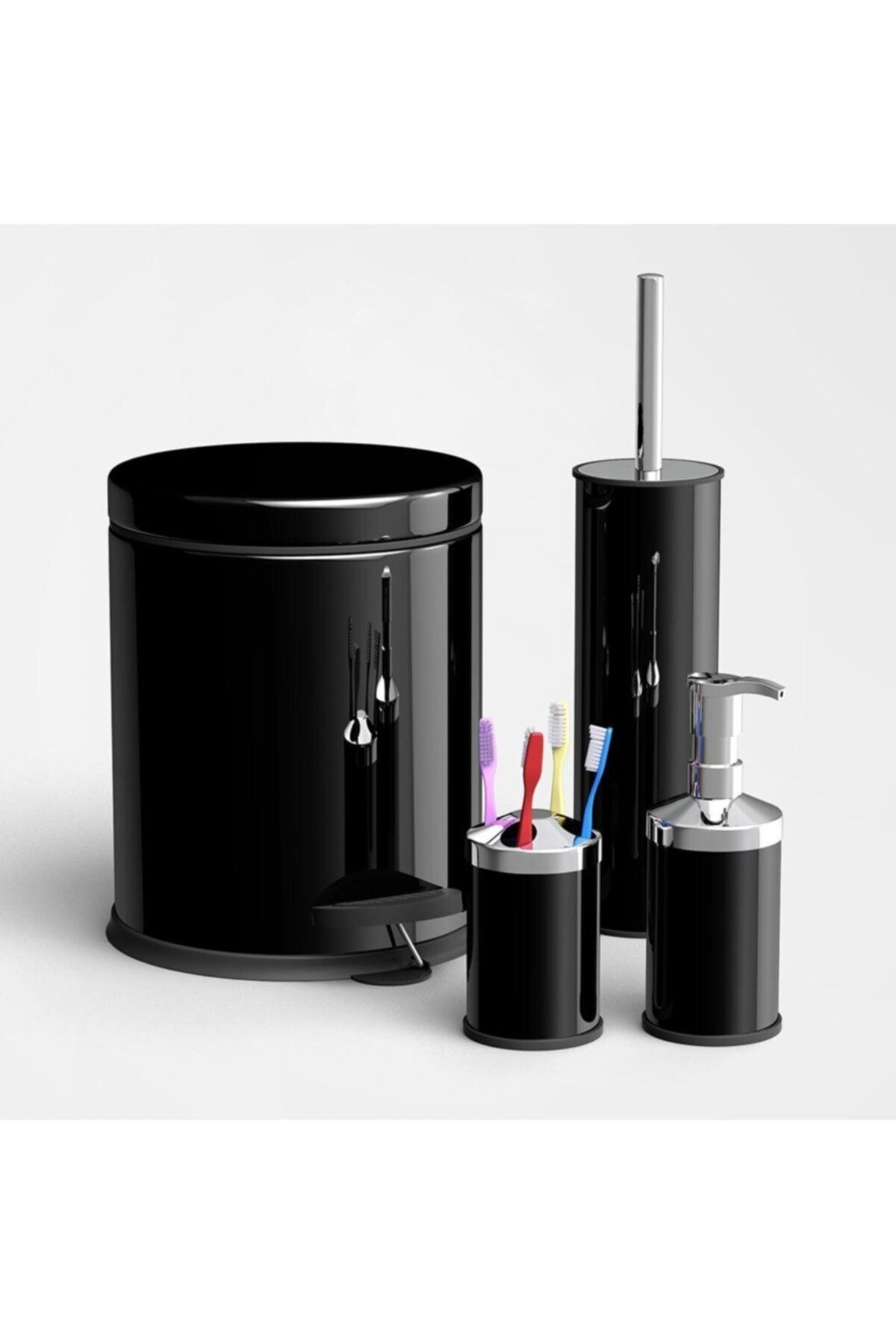 Black Dustbin Wc Brush Liquid Soap Dispenser Toothbrush Holder Set 4 Pcs Set 5 Lt - Swordslife