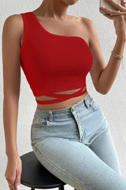 Women's Red One-Shoulder Tie Back Crop Top Blouse - Swordslife