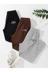 3-Pack Minimal Printed Jogger Sweatpants - Black, Gray And Brown, Elastic Leg, High Waist, Summer - Swordslife