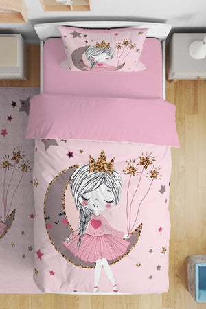 Cute Girl Sitting On The Moon Patterned Kids Room Duvet Cover Set