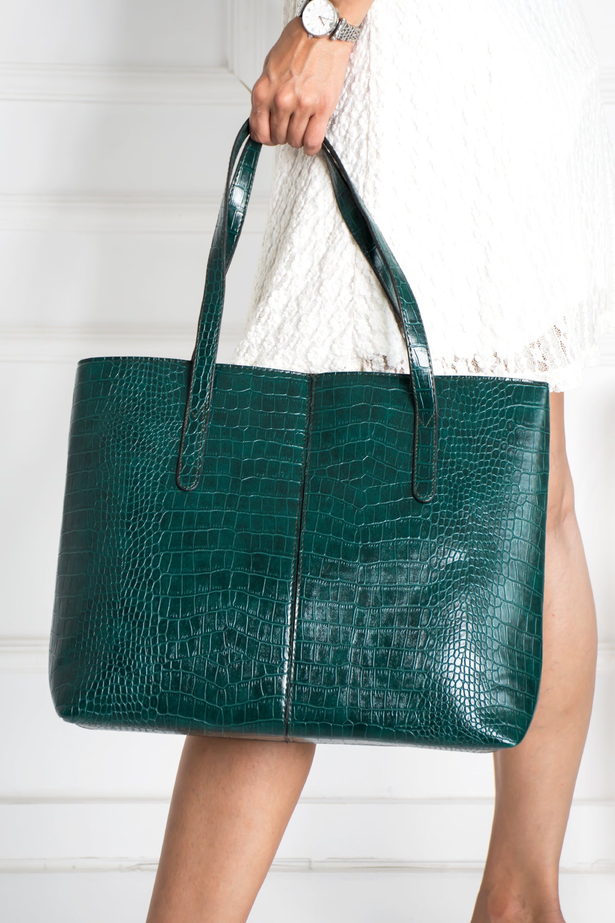 Women'S Crocodile Pattern 2-Sleeve Zippered Large Size Bag Shoulder Bag, Clutch Bag, Laptop Bag